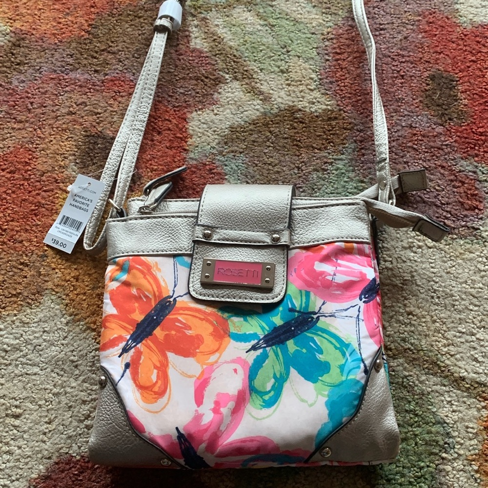 New Rossetti crossbody, bag silver trim  with colorful butterflies🦋